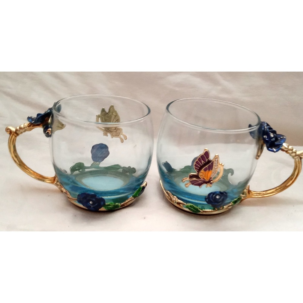 ARC Of France (2)  Glass Coffee Tea Cup Jewel Enamel Blue Rose Purple Butterfly